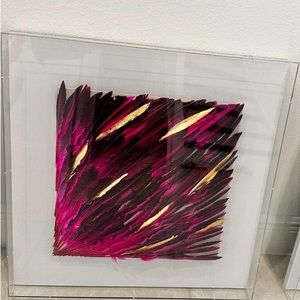 3 Beautiful dyed feathers with gold accents in acrylic shadow box